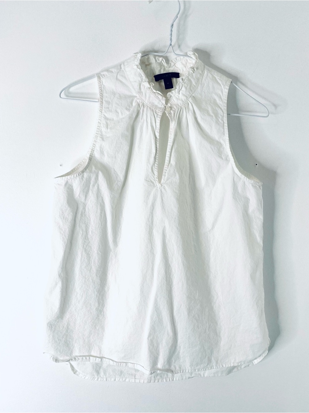 J. Crew White 100% Cotton Ruffle Neck Button Keyhole Sleeveless Blouse